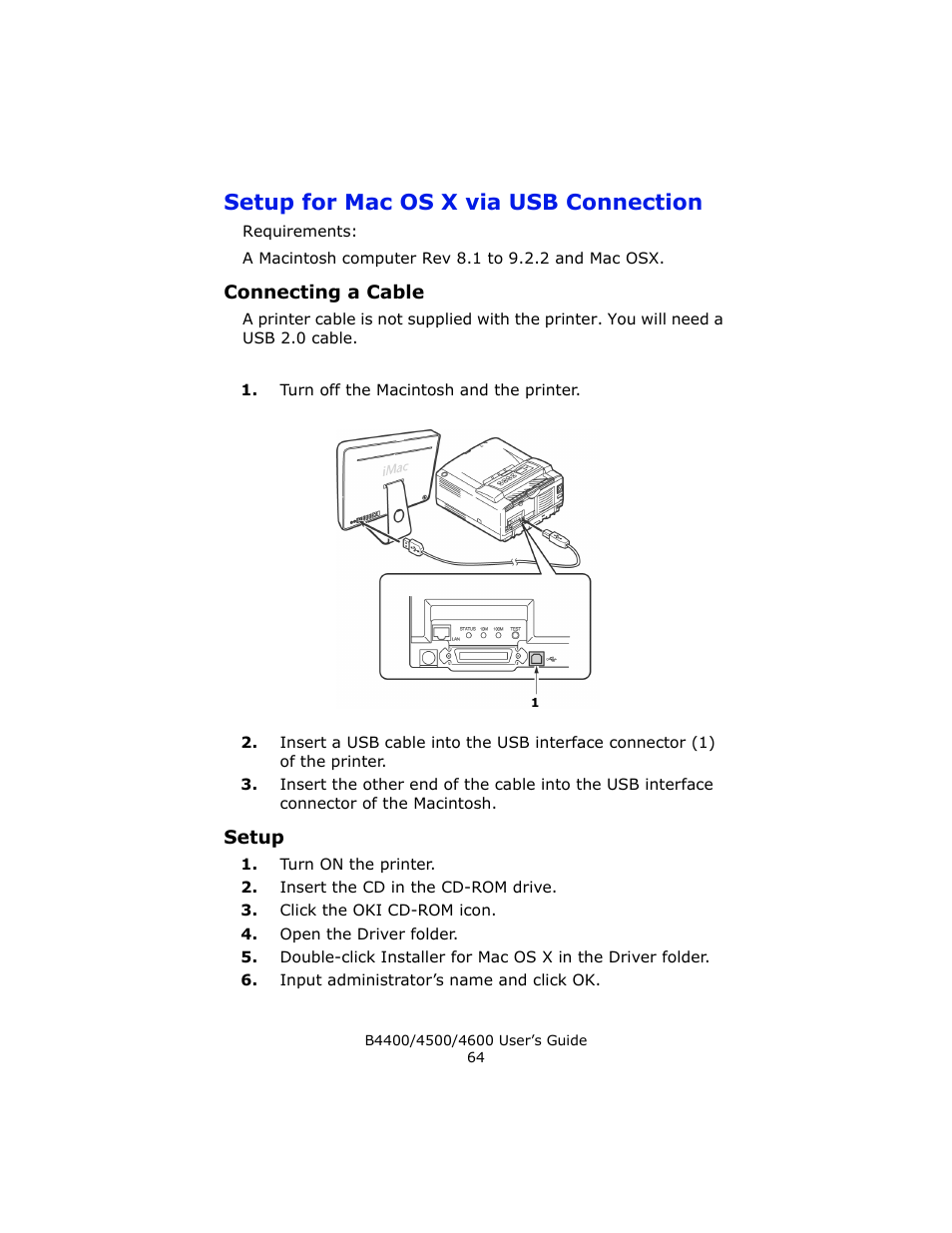 Setup for mac os x via usb connection, Connecting a cable, Setup | Epson 4600 User Manual | Page 64 / 106