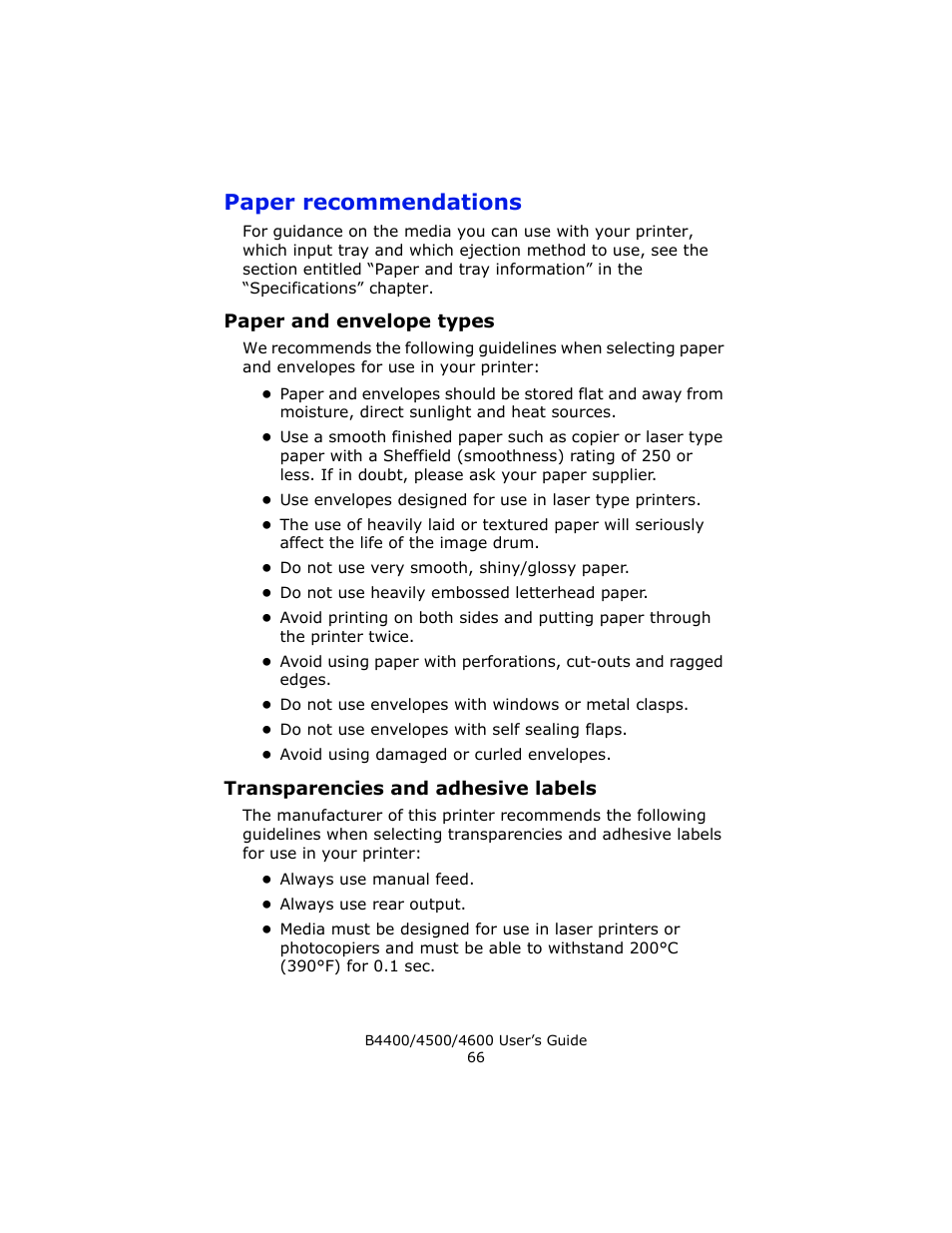 Paper recommendations, Paper and envelope types, Transparencies and adhesive labels | Epson 4600 User Manual | Page 66 / 106