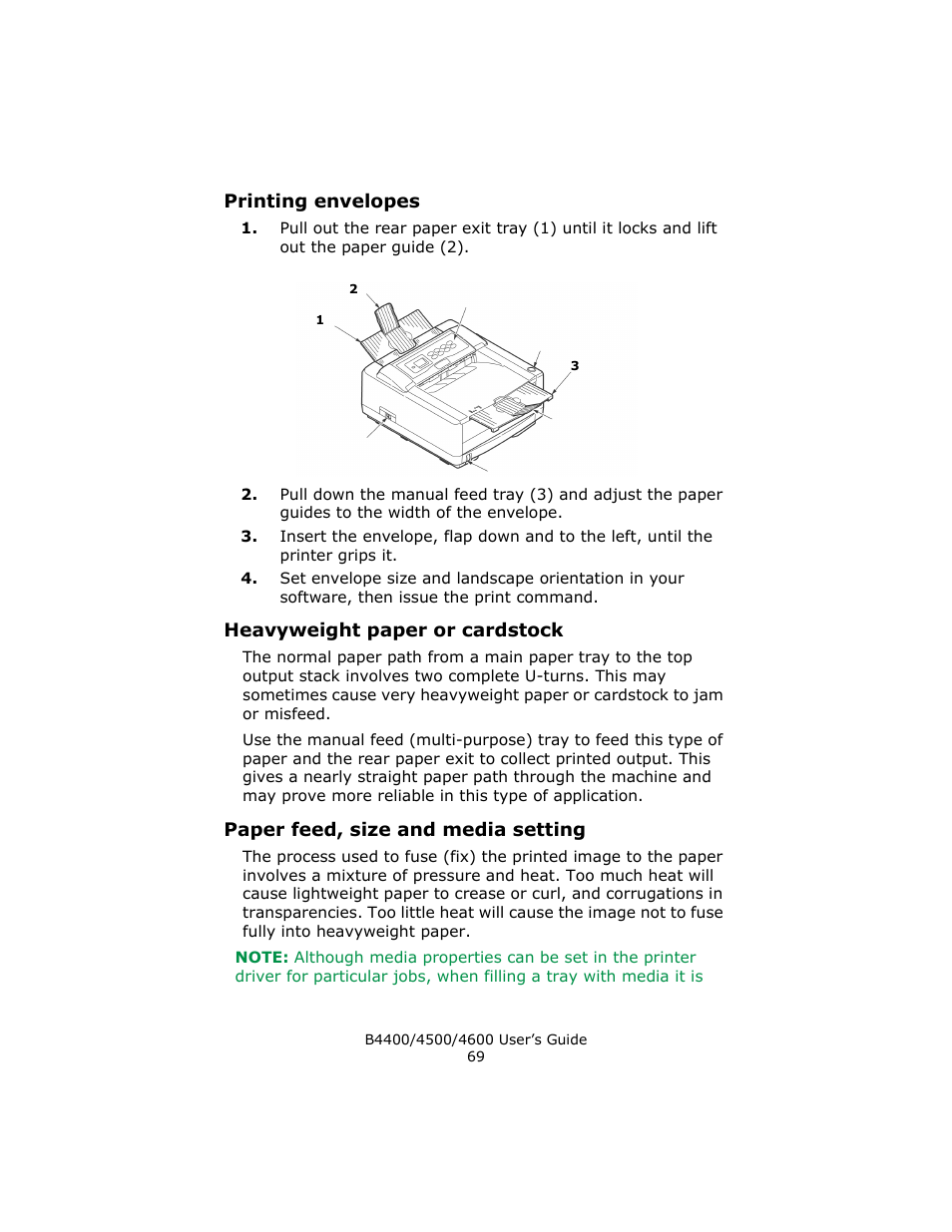 Printing envelopes, Heavyweight paper or cardstock, Paper feed, size and media setting | Epson 4600 User Manual | Page 69 / 106