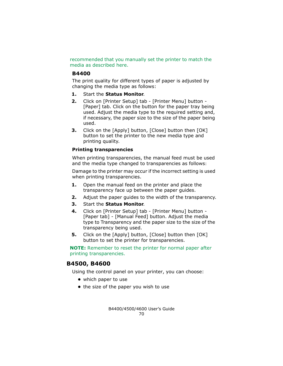 B4400, Printing transparencies, B4500, b4600 | Epson 4600 User Manual | Page 70 / 106