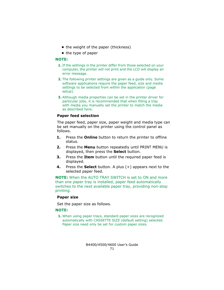 Paper feed selection, Paper size | Epson 4600 User Manual | Page 71 / 106