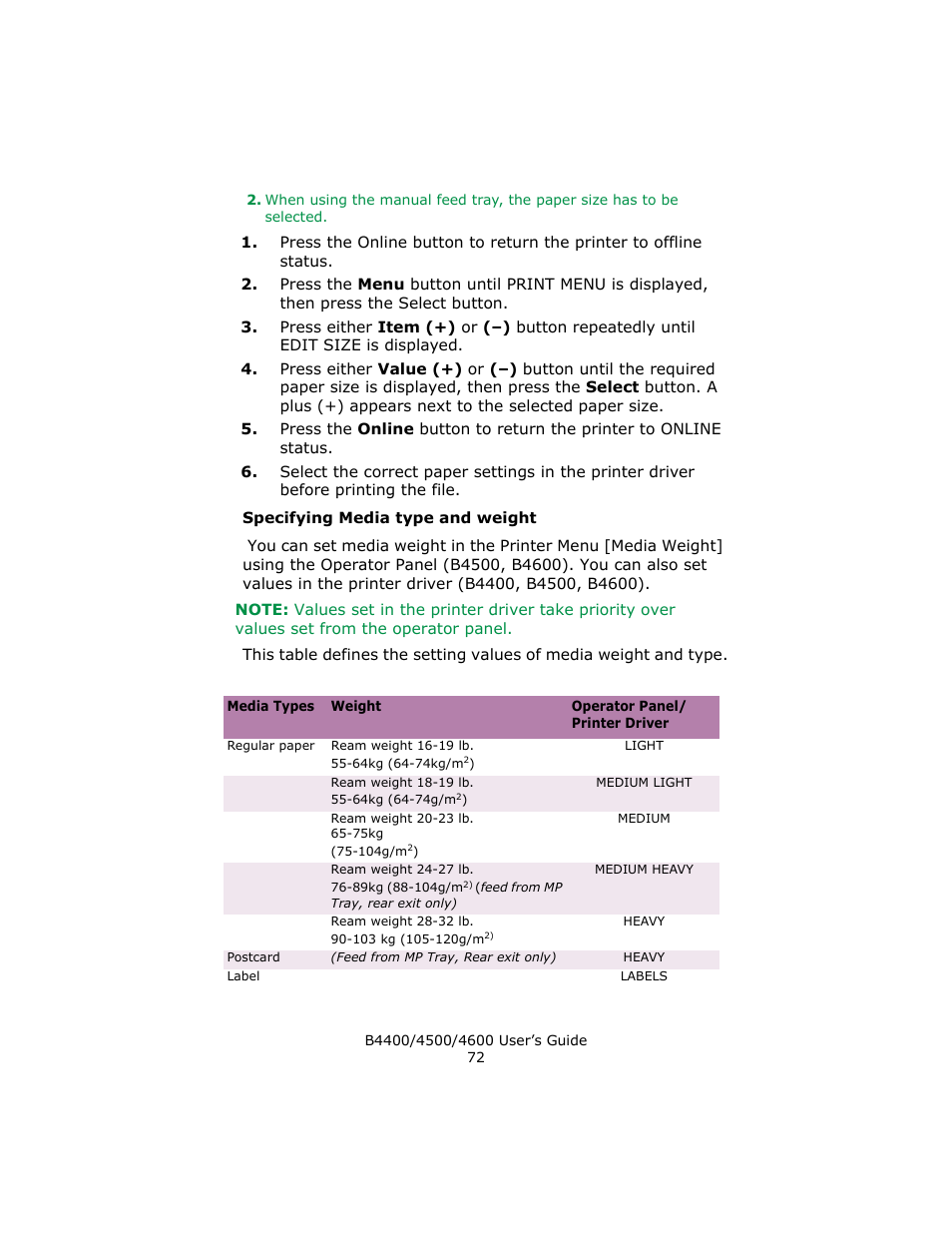 Specifying media type and weight | Epson 4600 User Manual | Page 72 / 106