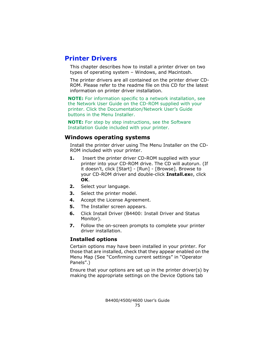 Printer drivers, Windows operating systems, Installed options | Epson 4600 User Manual | Page 75 / 106