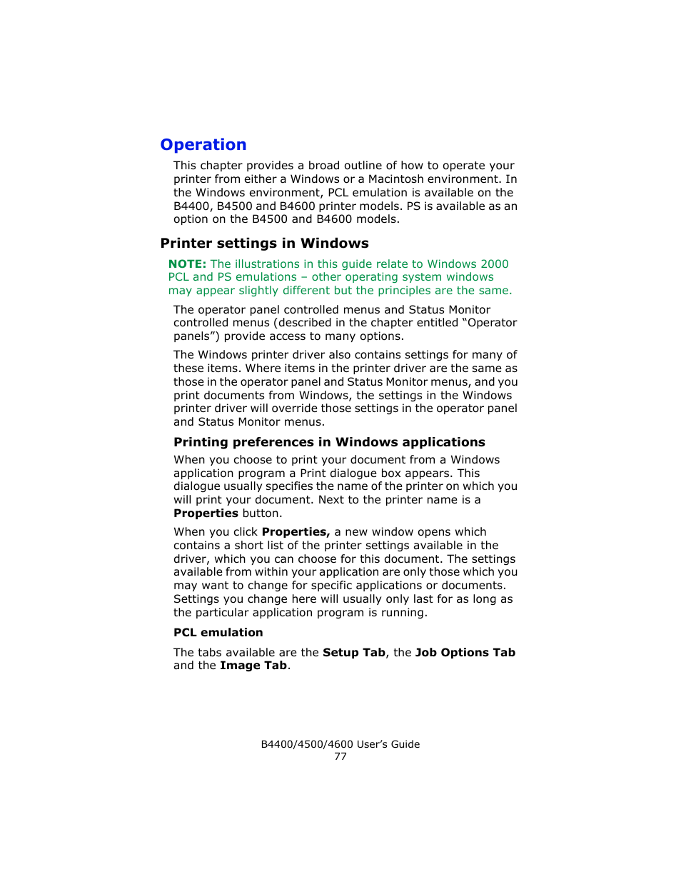 Operation, Printer settings in windows, Printing preferences in windows applications | Pcl emulation | Epson 4600 User Manual | Page 77 / 106