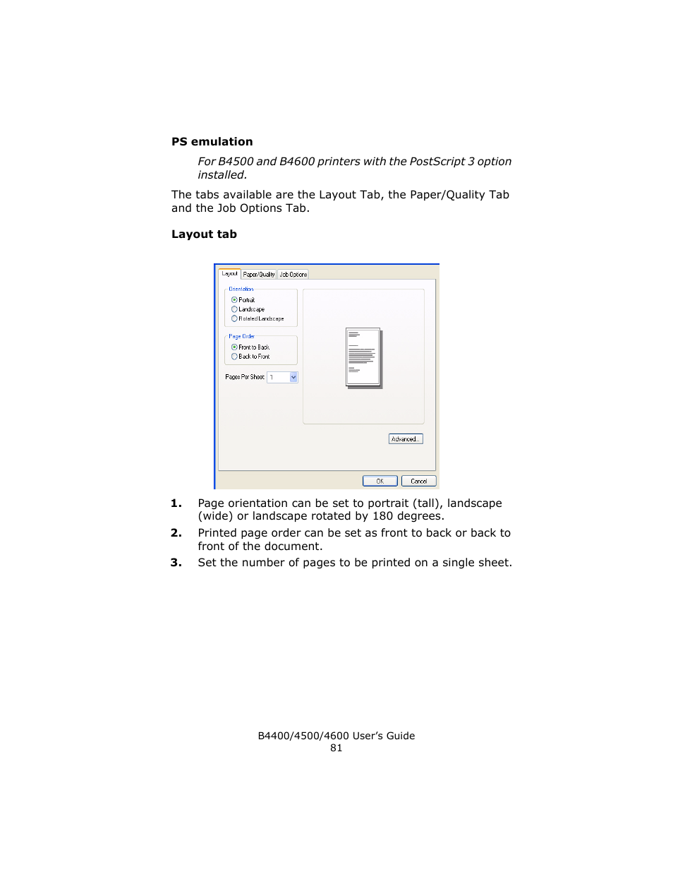 Ps emulation, Layout tab | Epson 4600 User Manual | Page 81 / 106