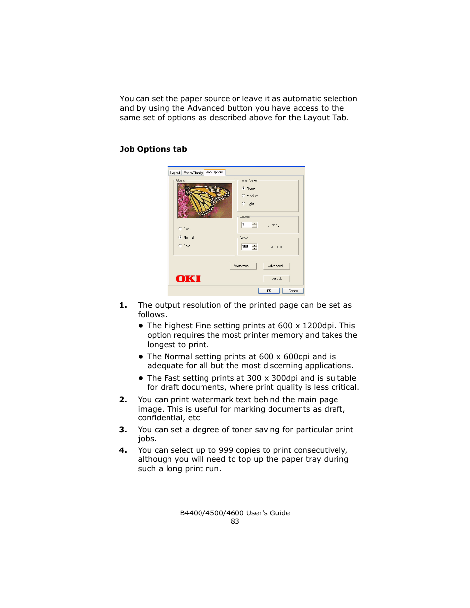 Job options tab | Epson 4600 User Manual | Page 83 / 106