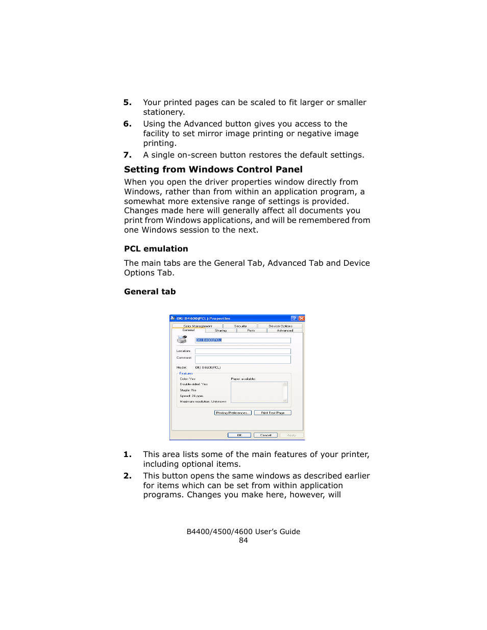 Setting from windows control panel, Pcl emulation, General tab | Epson 4600 User Manual | Page 84 / 106