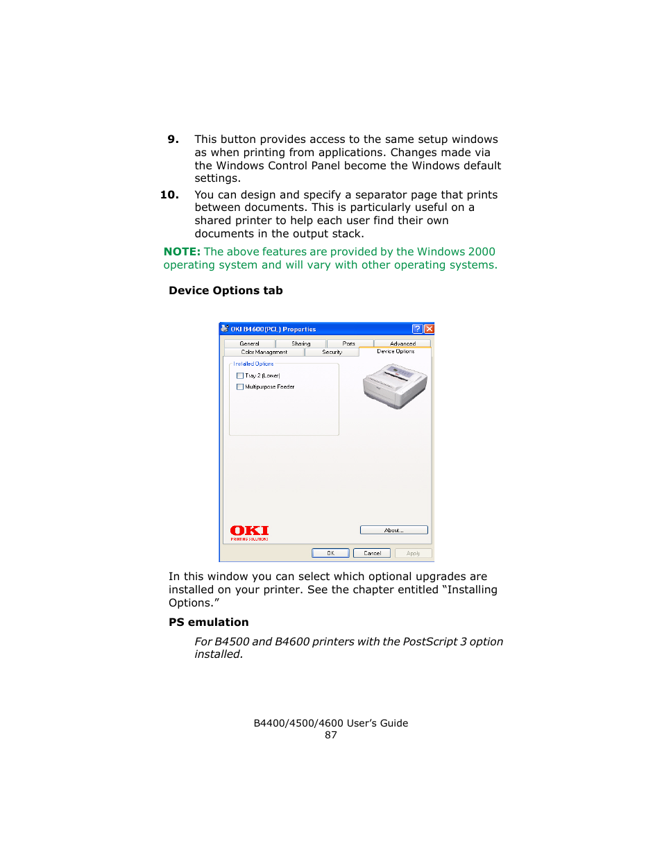 Device options tab, Ps emulation | Epson 4600 User Manual | Page 87 / 106