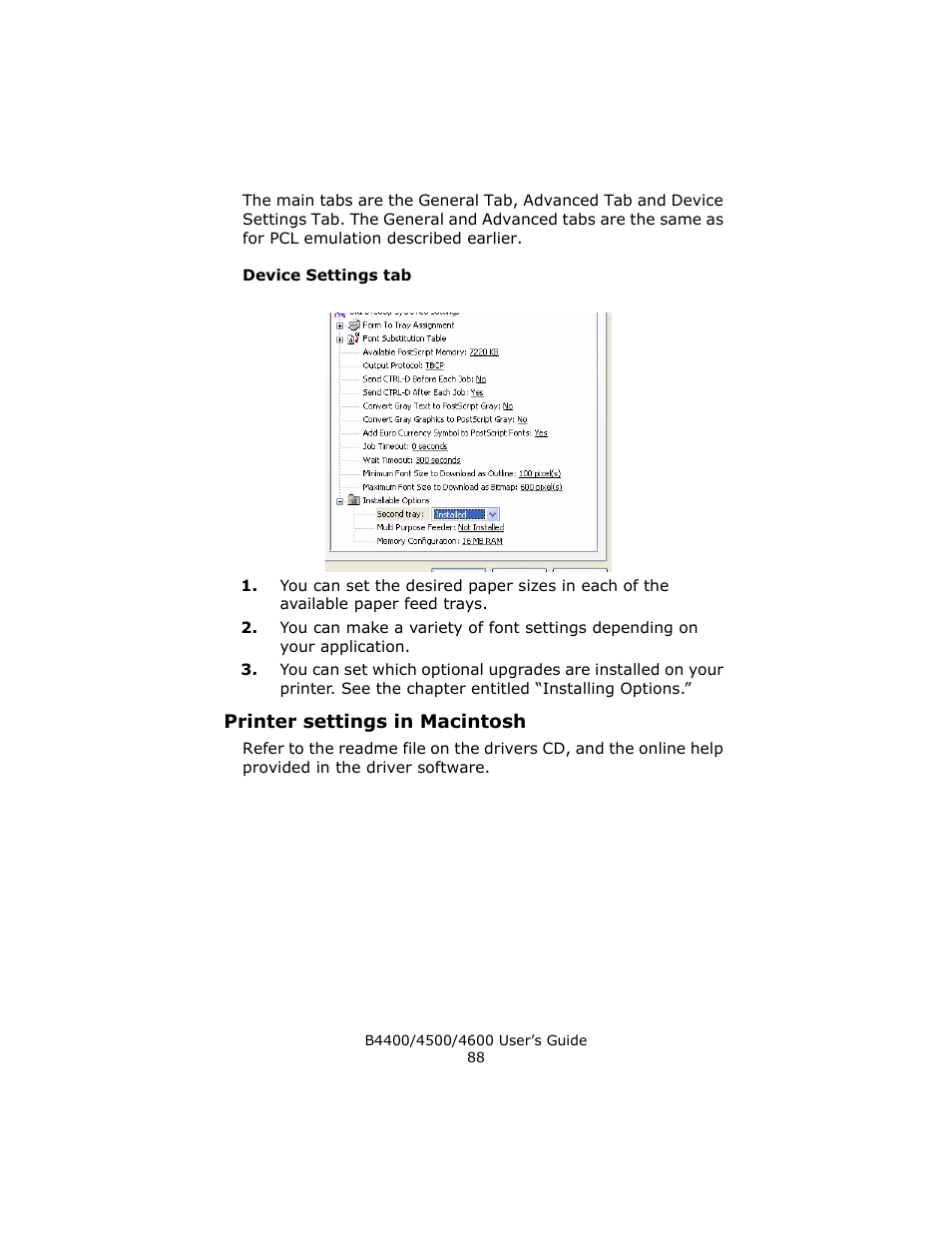 Device settings tab, Printer settings in macintosh | Epson 4600 User Manual | Page 88 / 106