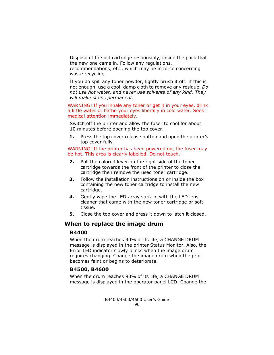 When to replace the image drum, B4400, B4500, b4600 | Epson 4600 User Manual | Page 90 / 106