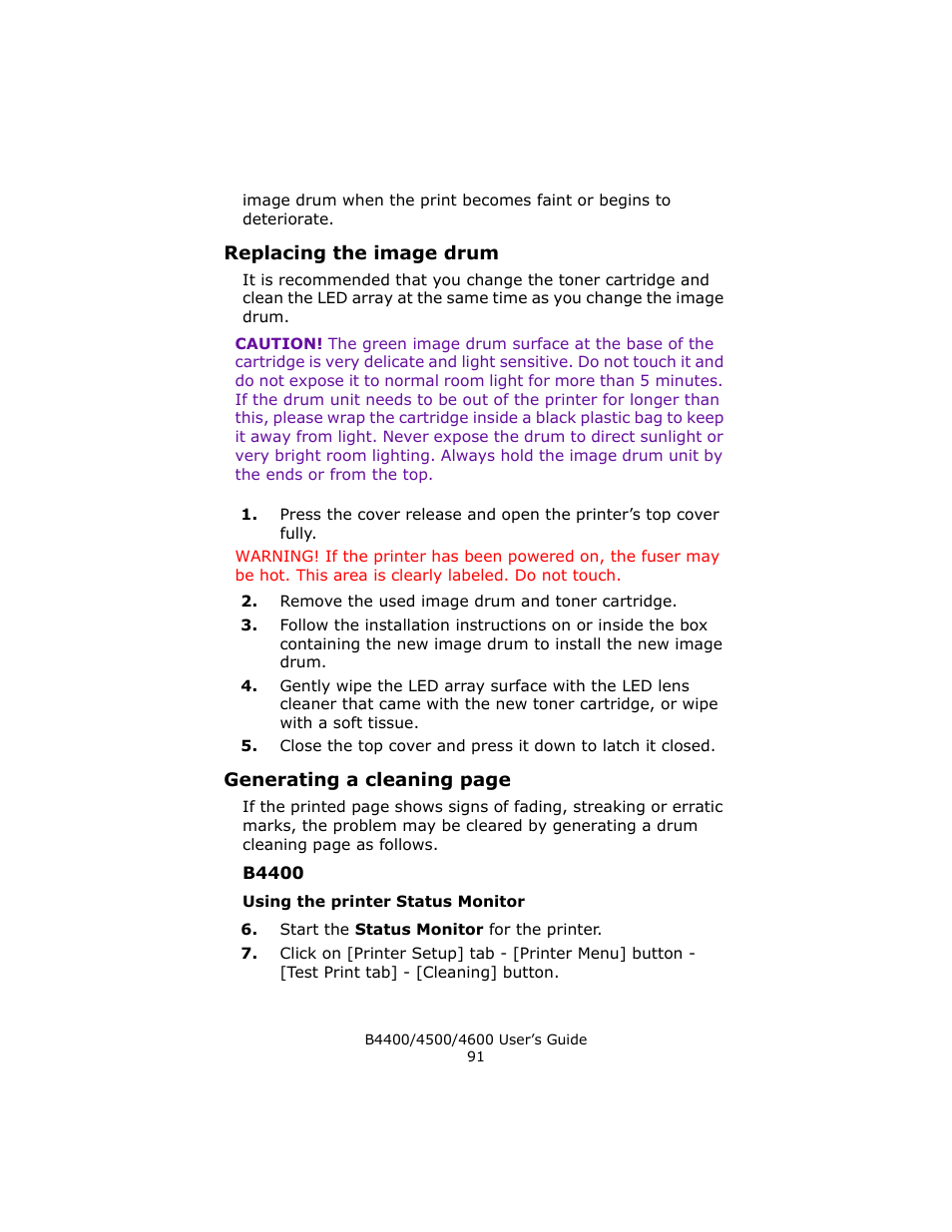 Replacing the image drum, B4400, Using the printer status monitor | Epson 4600 User Manual | Page 91 / 106
