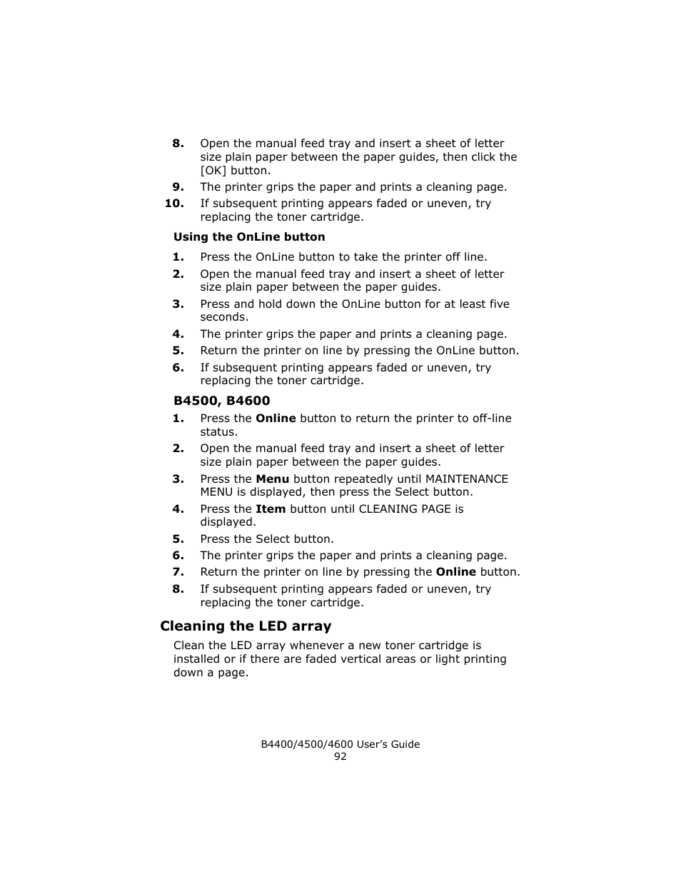 Using the online button, B4500, b4600, Cleaning the led array | Epson 4600 User Manual | Page 92 / 106