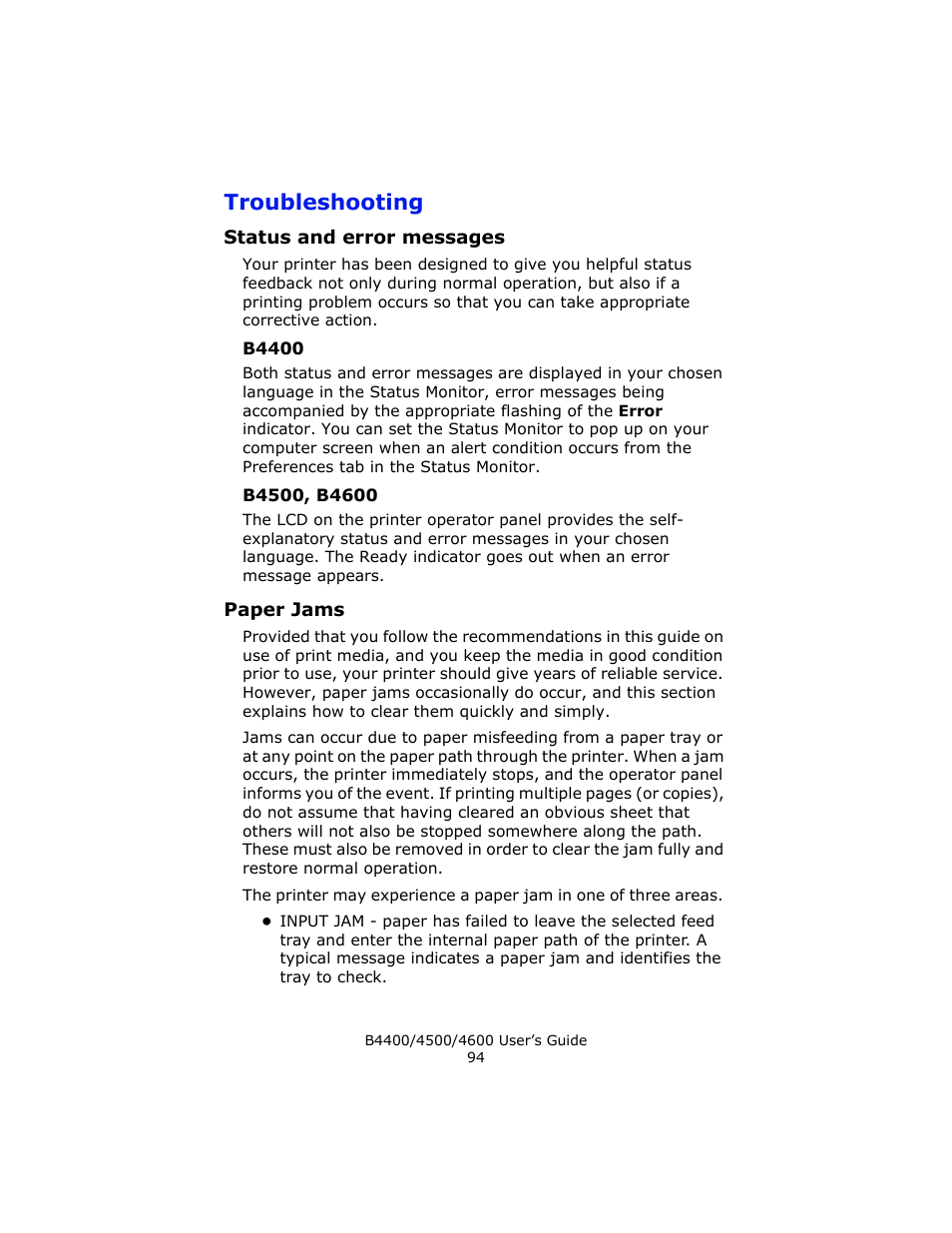 Troubleshooting, Status and error messages, B4400 | B4500, b4600, Paper jams | Epson 4600 User Manual | Page 94 / 106