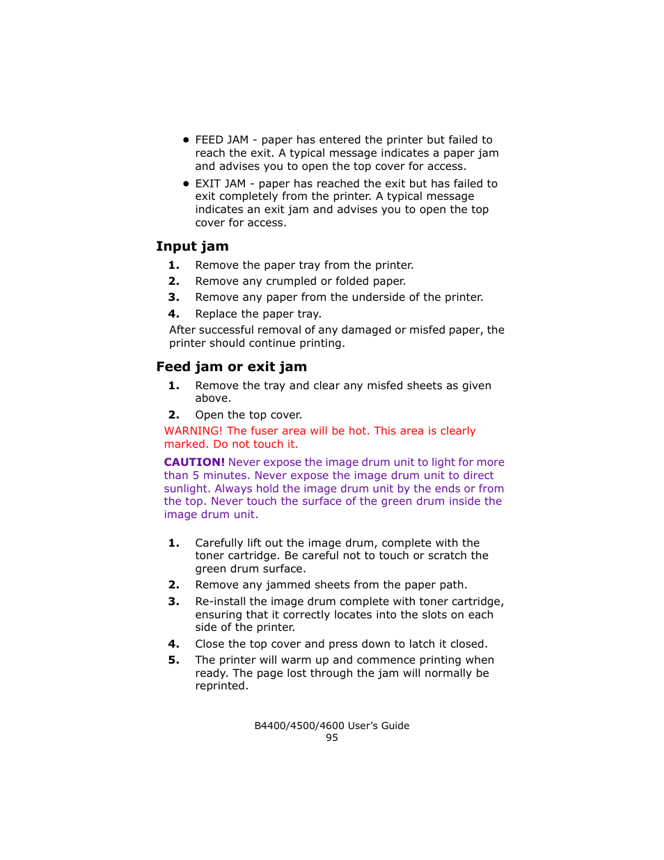 Input jam, Feed jam or exit jam | Epson 4600 User Manual | Page 95 / 106