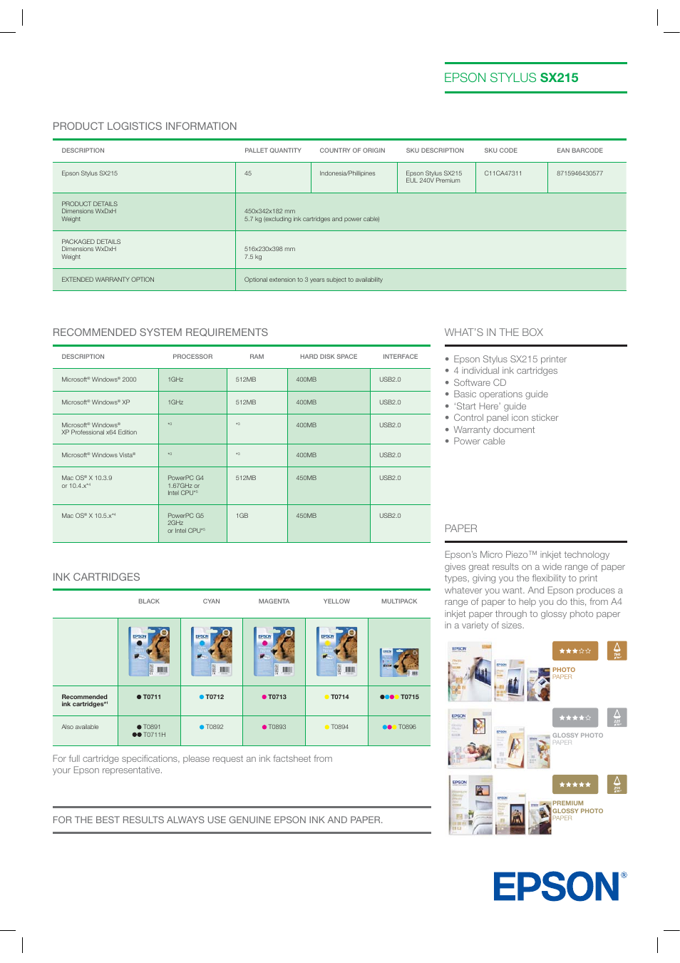 Epson stylus sx215, Product logistics information, Recommended system requirements | What’s in the box, Ink cartridges, Paper | Epson Stylus SX215 User Manual | Page 2 / 4