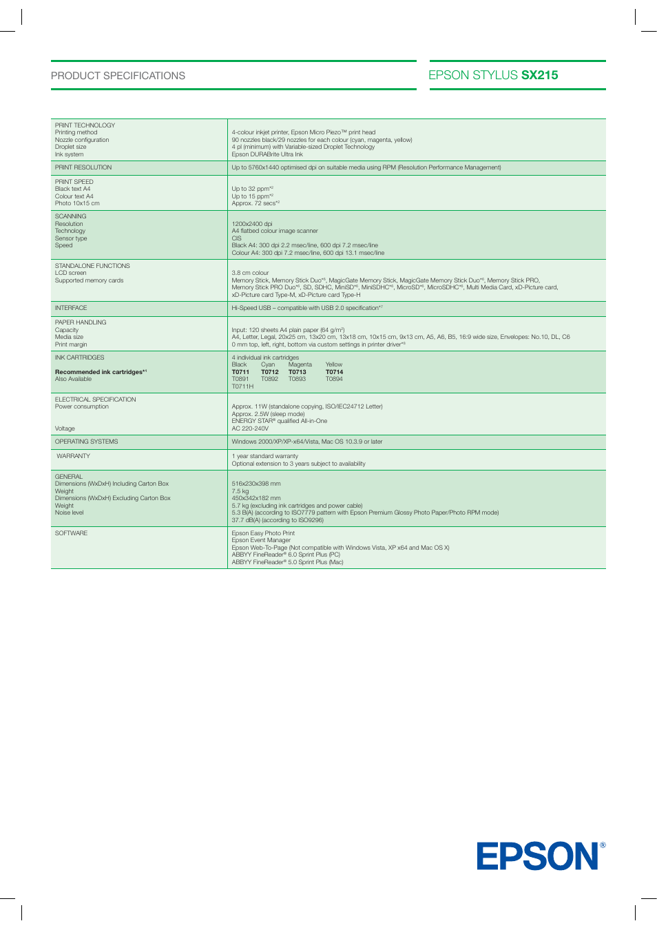 Epson stylus sx215, Product specifications | Epson Stylus SX215 User Manual | Page 3 / 4