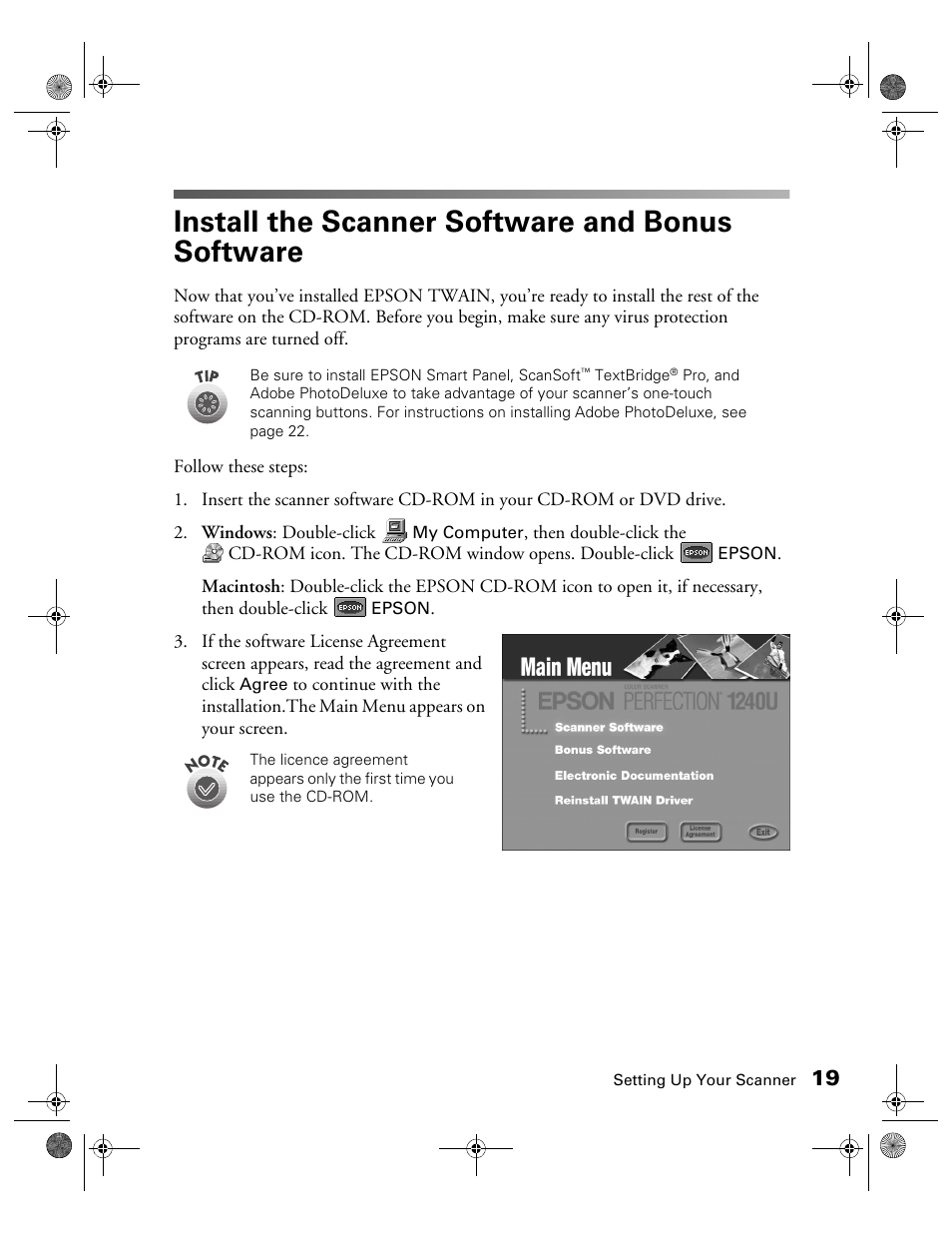 Install the scanner software and bonus software | Epson 1240U User Manual | Page 24 / 83