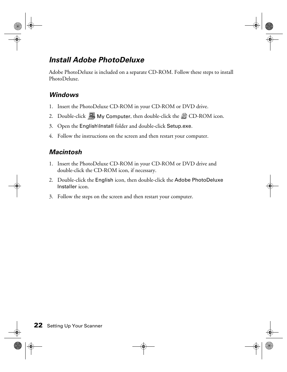 Install adobe photodeluxe, Windows, Macintosh | Epson 1240U User Manual | Page 27 / 83