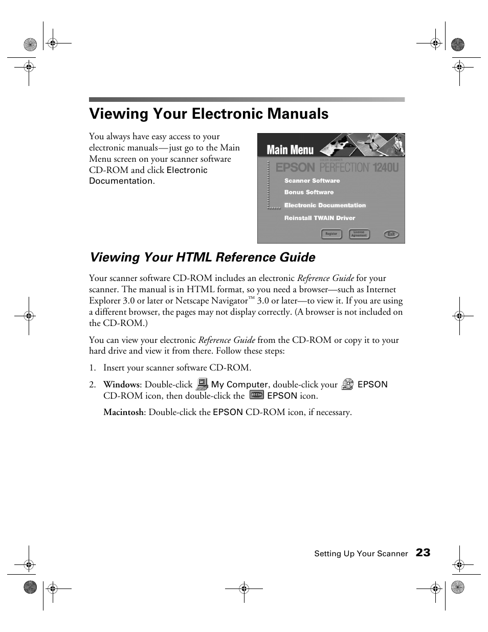 Viewing your electronic manuals, Viewing your html reference guide | Epson 1240U User Manual | Page 28 / 83