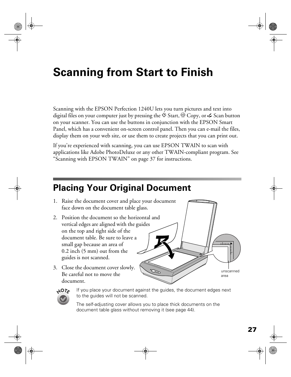 Scanning from start to finish, Placing your original document | Epson 1240U User Manual | Page 32 / 83