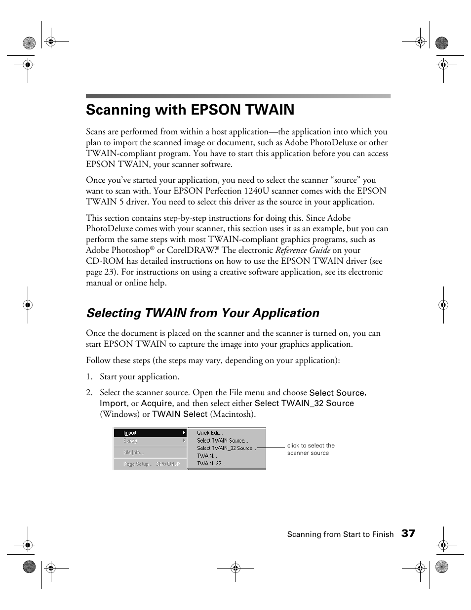 Scanning with epson twain, Selecting twain from your application | Epson 1240U User Manual | Page 42 / 83