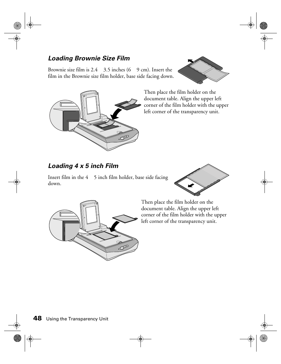 Loading brownie size film, Loading 4 x 5 inch film | Epson 1240U User Manual | Page 53 / 83