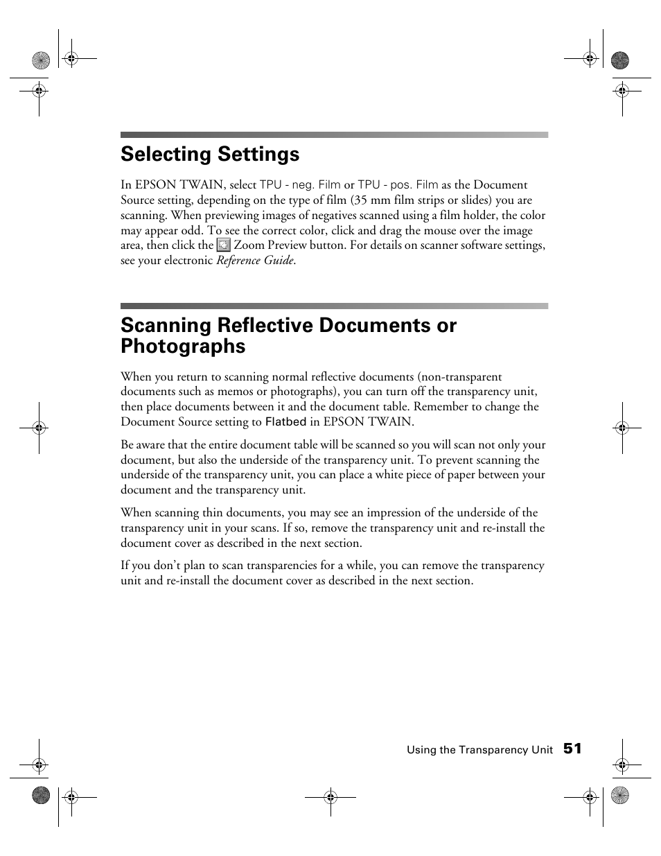 Selecting settings, Scanning reflective documents or photographs | Epson 1240U User Manual | Page 56 / 83