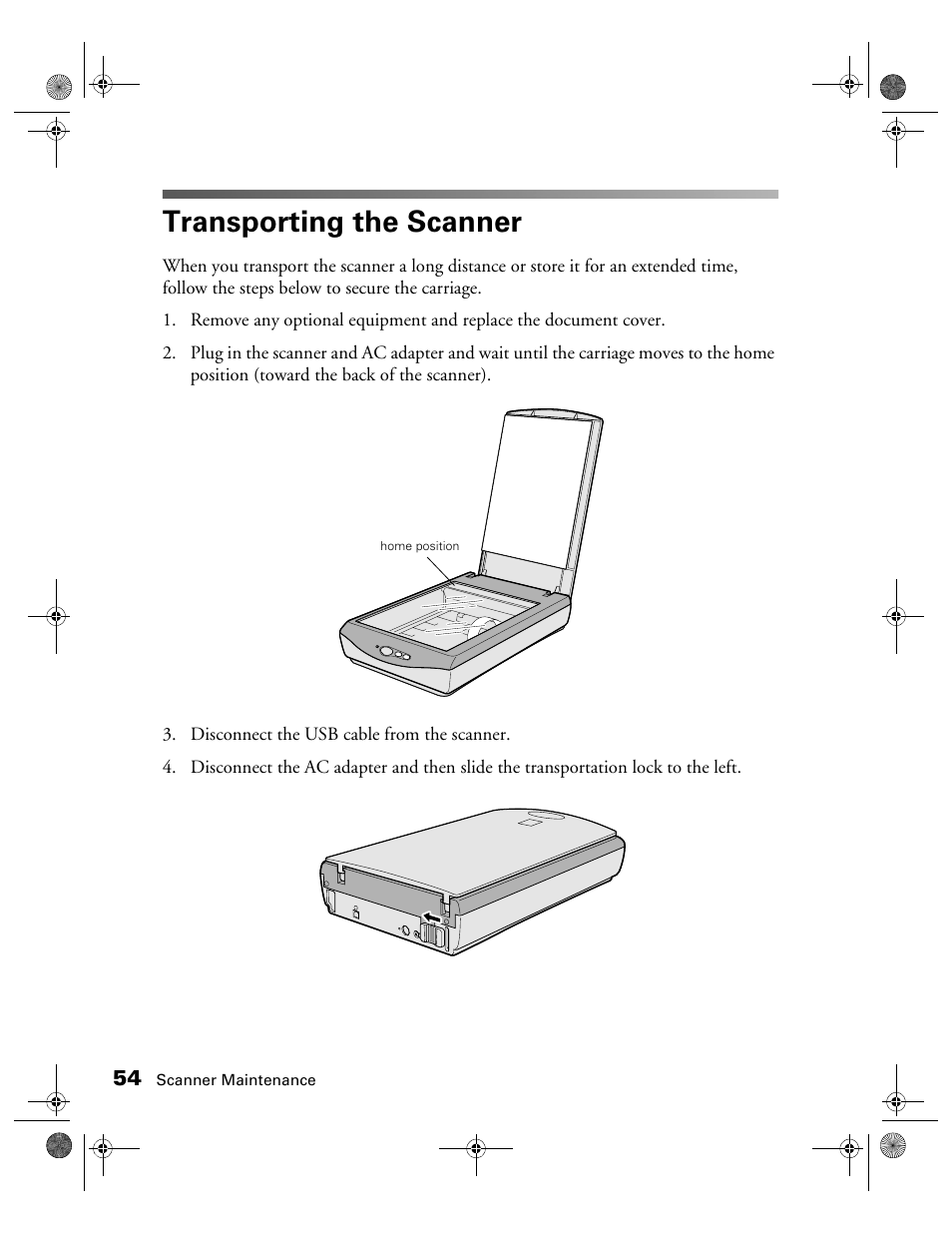 Transporting the scanner | Epson 1240U User Manual | Page 59 / 83