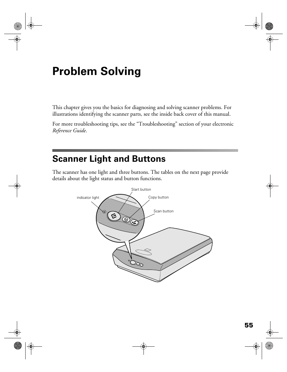 Problem solving, Scanner light and buttons | Epson 1240U User Manual | Page 60 / 83