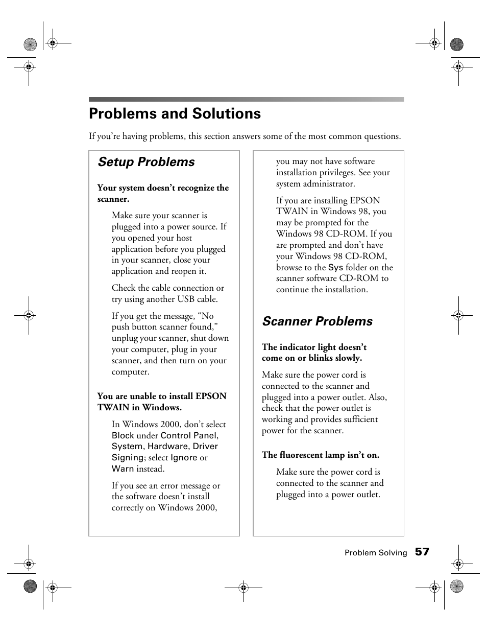 Problems and solutions, Setup problems, Scanner problems | Epson 1240U User Manual | Page 62 / 83