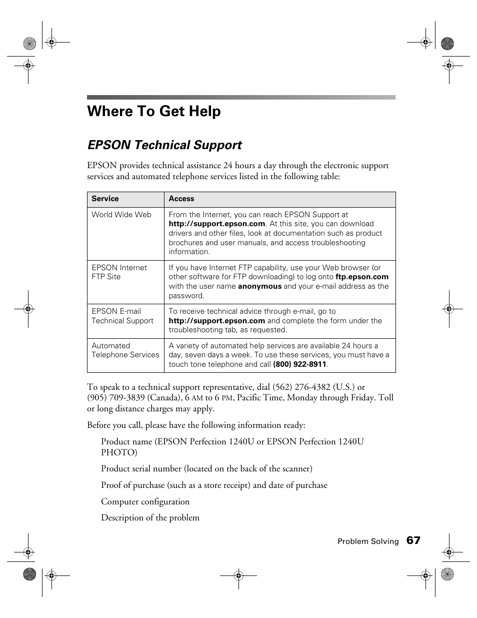 Where to get help, Epson technical support | Epson 1240U User Manual | Page 72 / 83