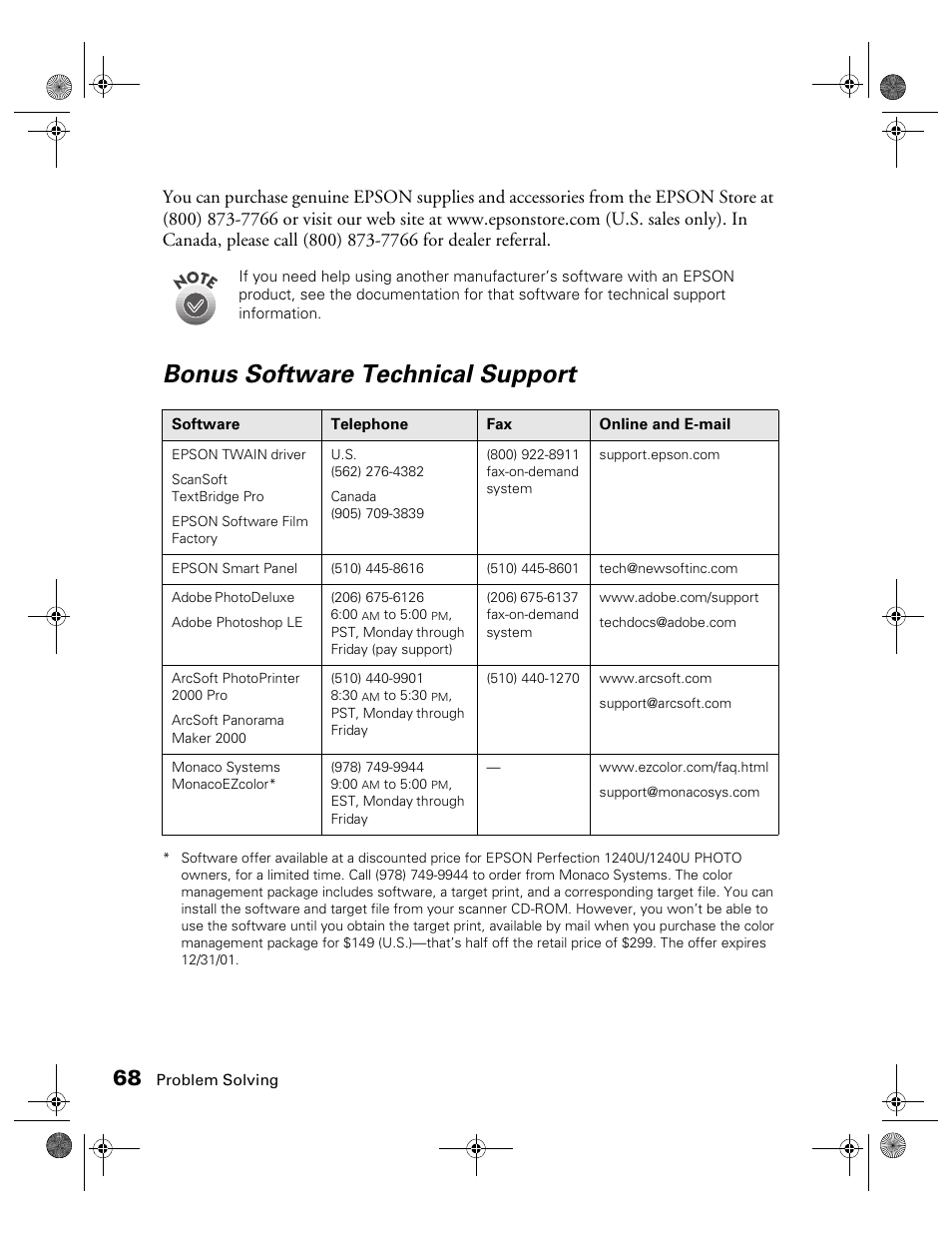 Bonus software technical support | Epson 1240U User Manual | Page 73 / 83