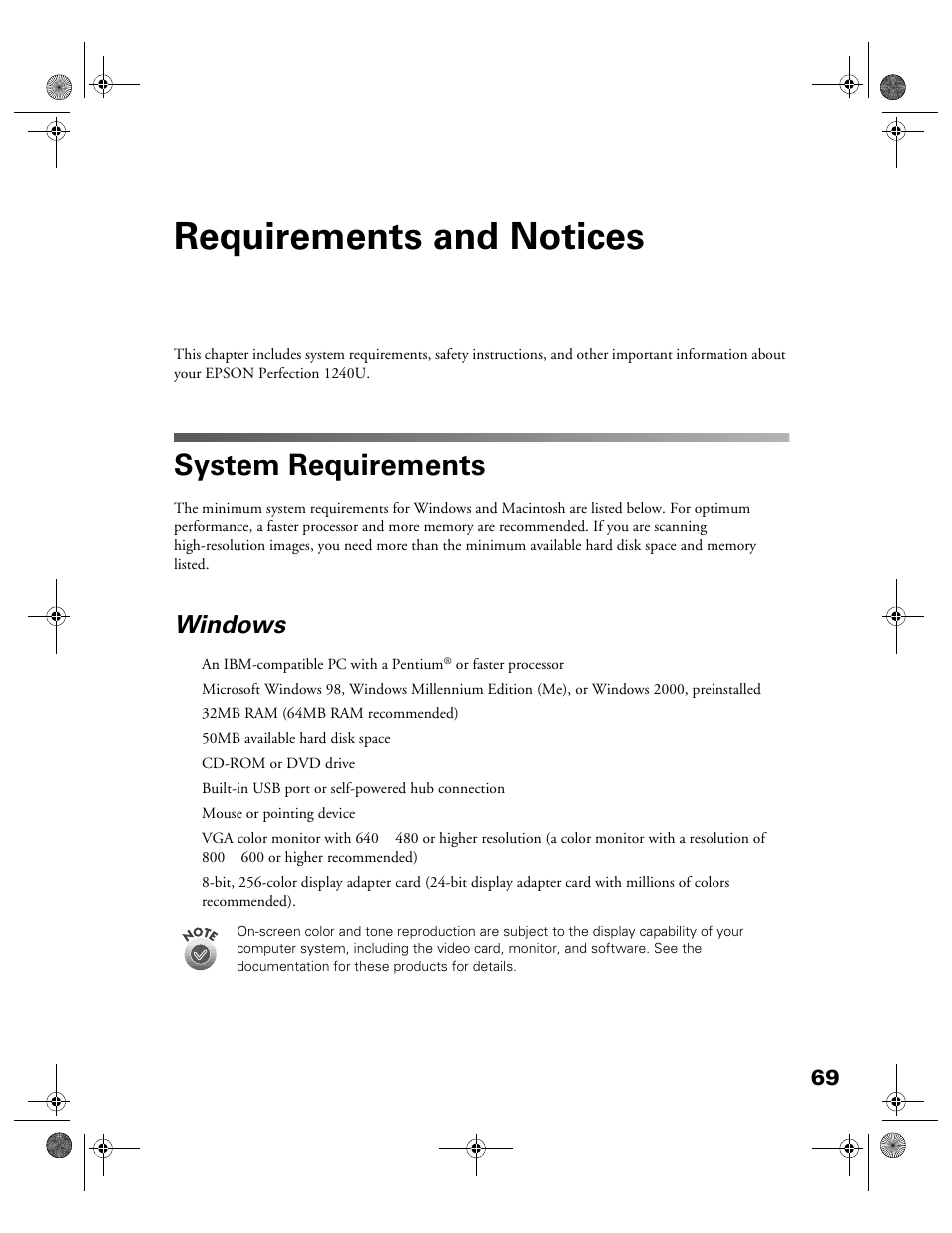 Requirements and notices, System requirements, Windows | Epson 1240U User Manual | Page 74 / 83