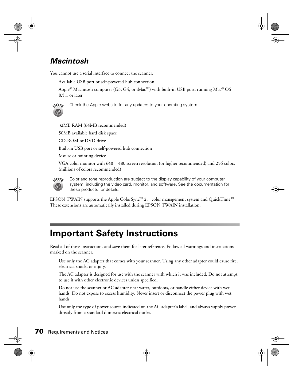 Macintosh, Important safety instructions | Epson 1240U User Manual | Page 75 / 83