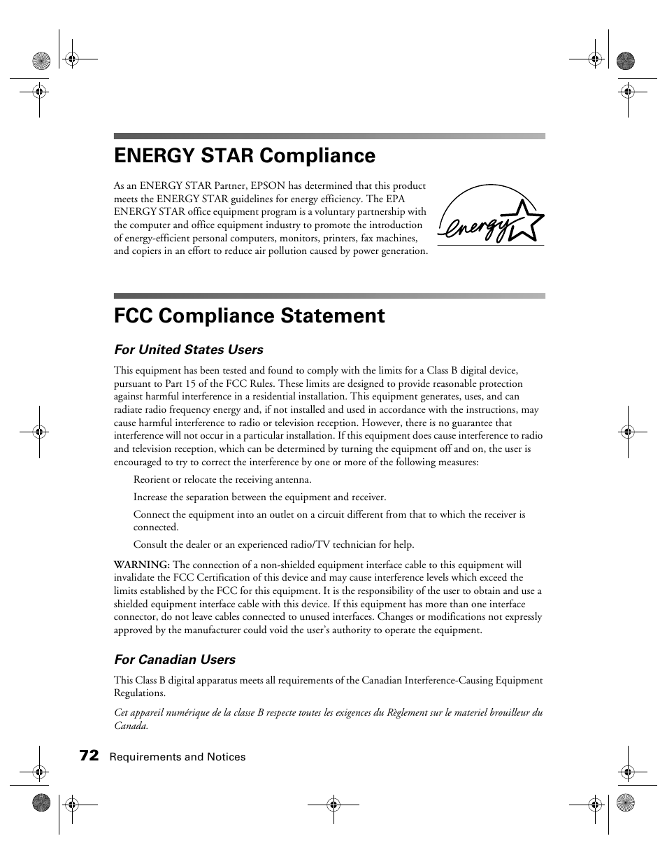 Energy star compliance, Fcc compliance statement, Compliance | Nergy | Epson 1240U User Manual | Page 77 / 83