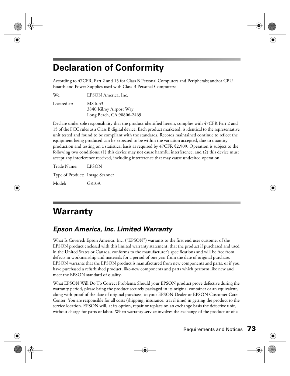 Declaration of conformity, Warranty, Epson america, inc. limited warranty | Epson 1240U User Manual | Page 78 / 83