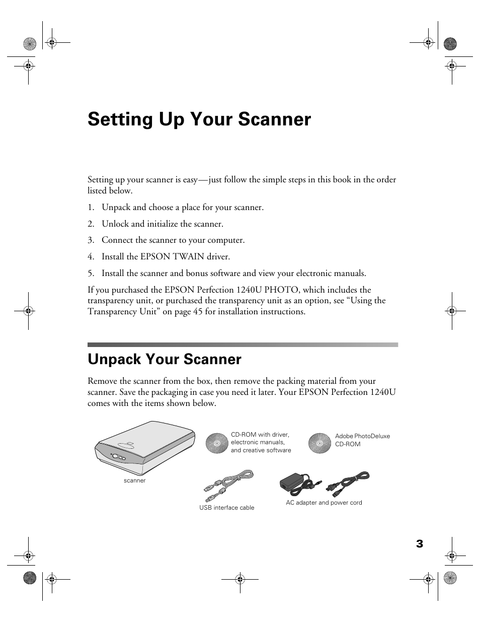 Setting up your scanner, Unpack your scanner | Epson 1240U User Manual | Page 8 / 83