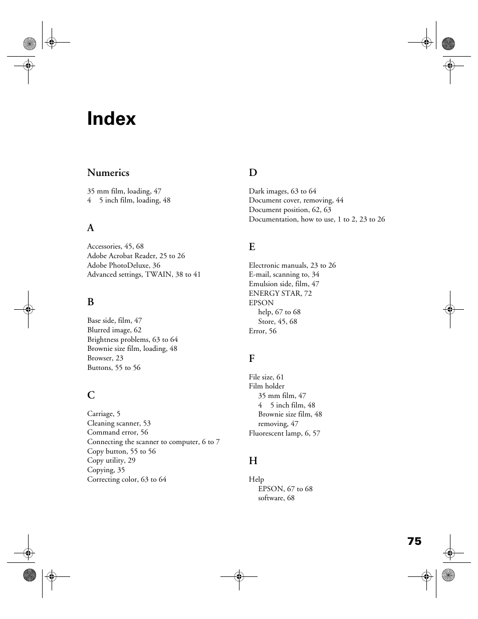 Index, Numerics | Epson 1240U User Manual | Page 80 / 83