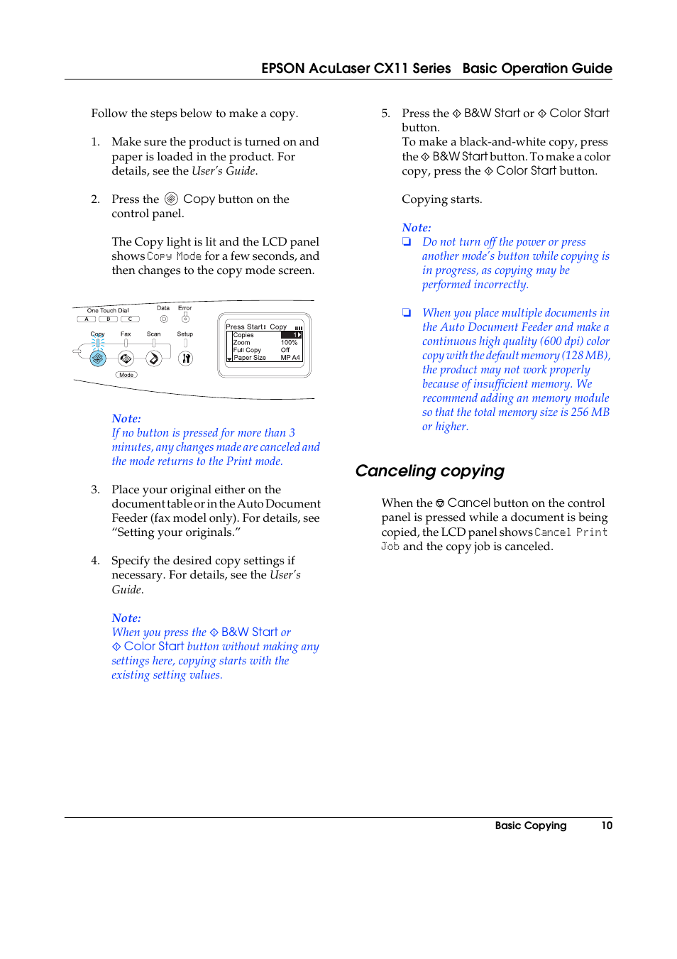 Canceling copying | Epson AcuLaser CX11 User Manual | Page 10 / 26