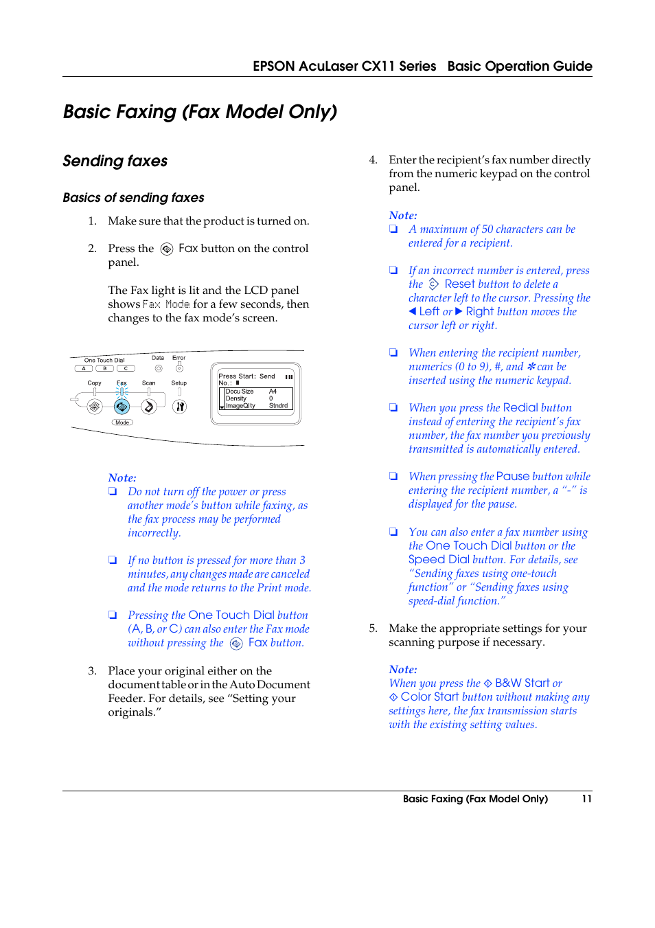 Basic faxing (fax model only), Sending faxes, Basics of sending faxes | Epson AcuLaser CX11 User Manual | Page 11 / 26