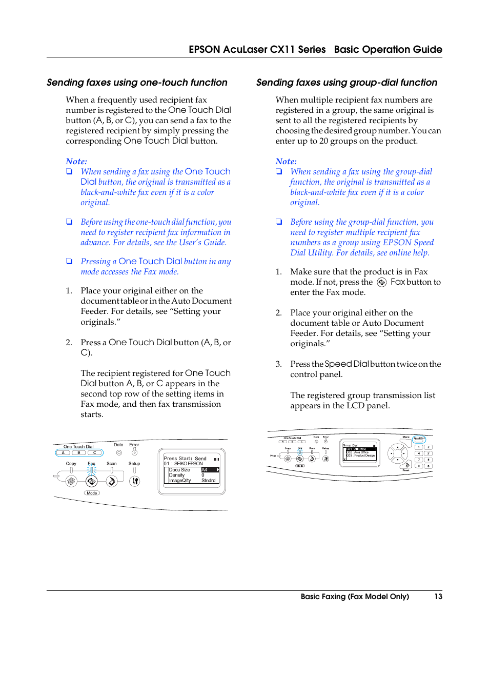 Sending faxes using one-touch function, Sending faxes using group-dial function | Epson AcuLaser CX11 User Manual | Page 13 / 26