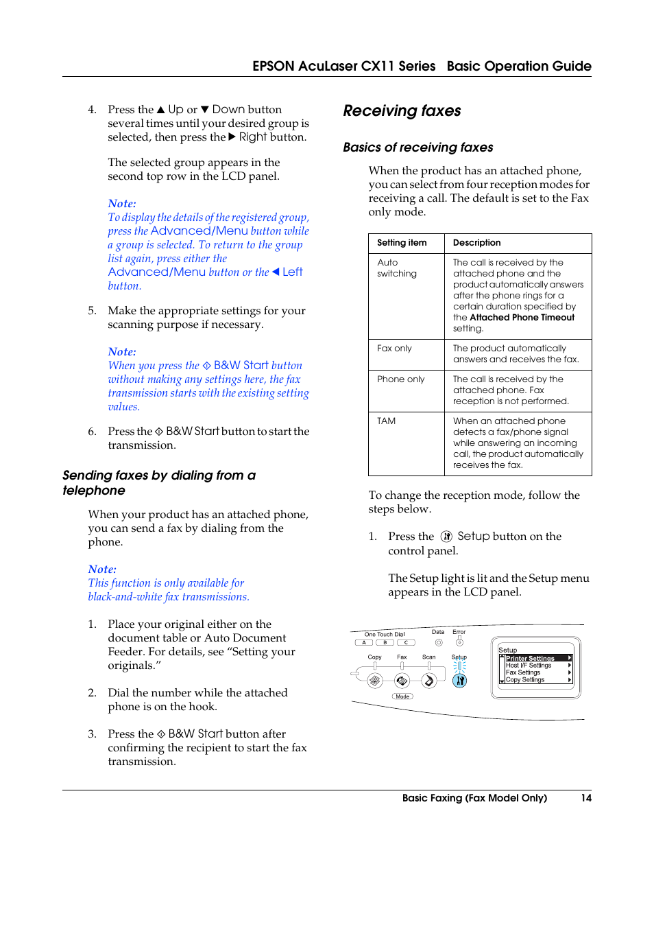 Sending faxes by dialing from a telephone, Receiving faxes, Basics of receiving faxes | Epson aculaser cx11 series basic operation guide | Epson AcuLaser CX11 User Manual | Page 14 / 26
