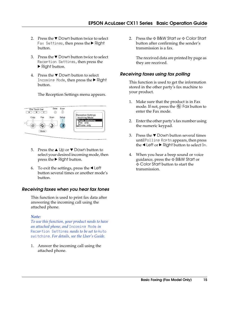 Receiving faxes when you hear fax tones, Receiving faxes using fax polling | Epson AcuLaser CX11 User Manual | Page 15 / 26