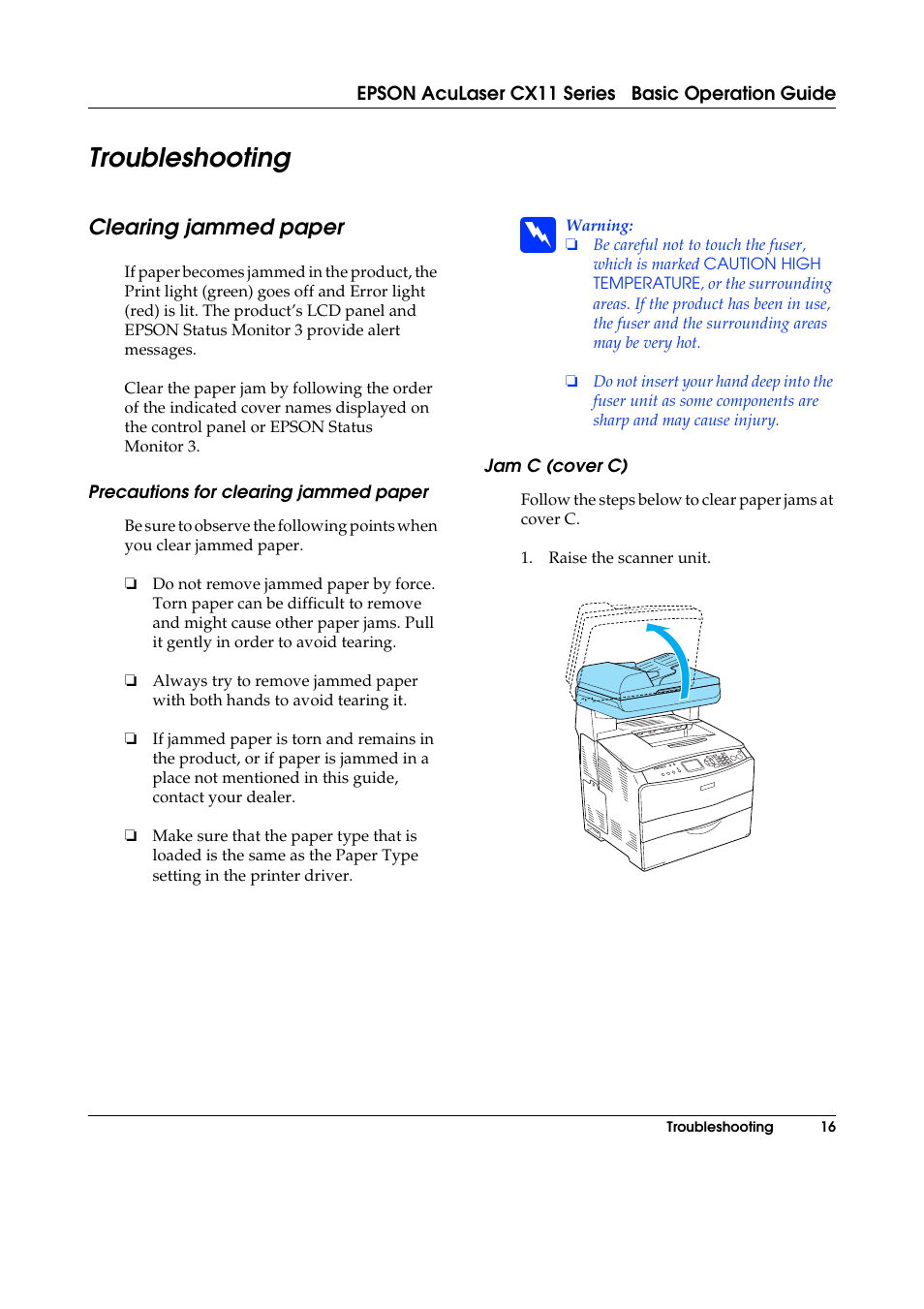 Troubleshooting, Clearing jammed paper, Precautions for clearing jammed paper | Jam c (cover c) | Epson AcuLaser CX11 User Manual | Page 16 / 26