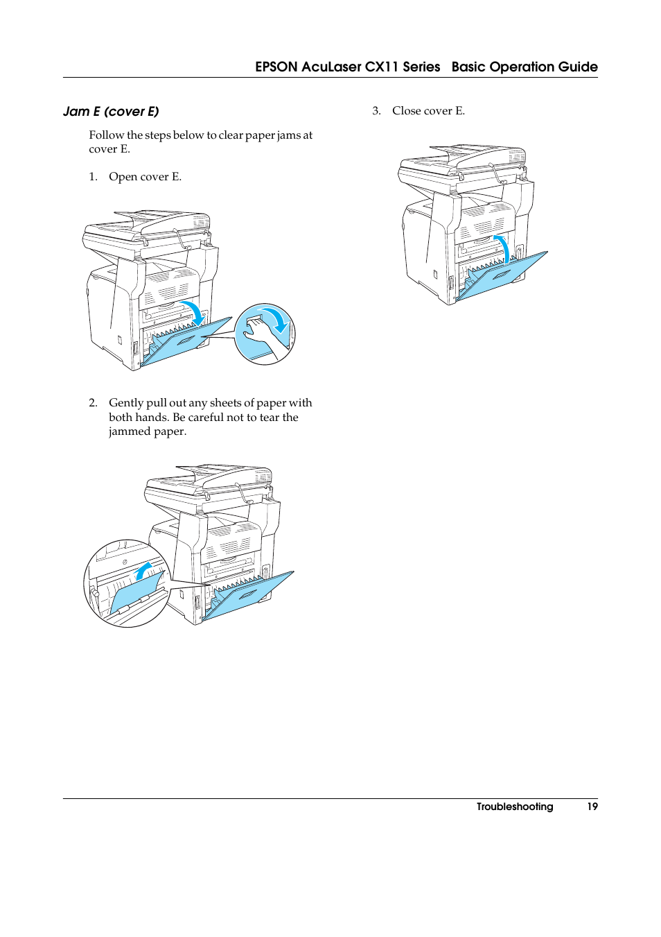 Jam e (cover e) | Epson AcuLaser CX11 User Manual | Page 19 / 26