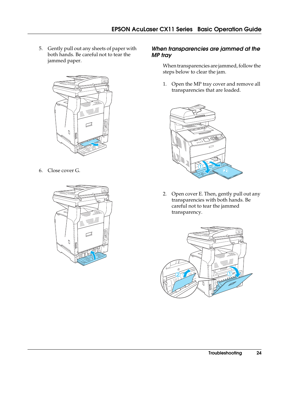 When transparencies are jammed at the mp tray | Epson AcuLaser CX11 User Manual | Page 24 / 26