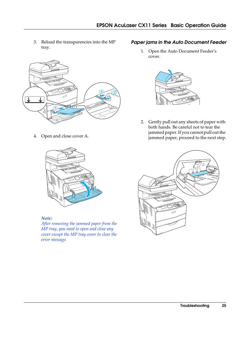Paper jams in the auto document feeder | Epson AcuLaser CX11 User Manual | Page 25 / 26