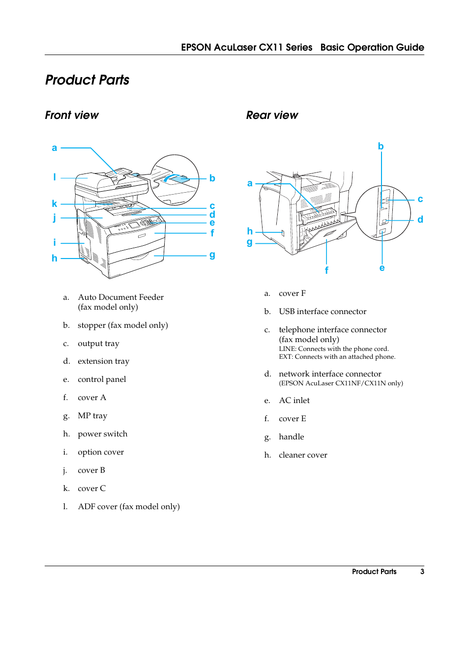 Product parts, Front view, Rear view | Front view rear view | Epson AcuLaser CX11 User Manual | Page 3 / 26