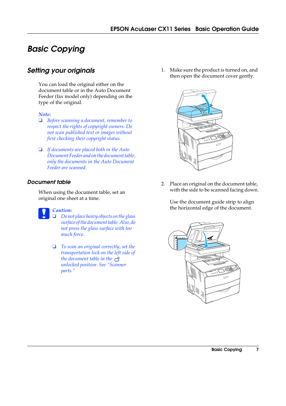 Basic copying, Setting your originals, Document table | Epson AcuLaser CX11 User Manual | Page 7 / 26