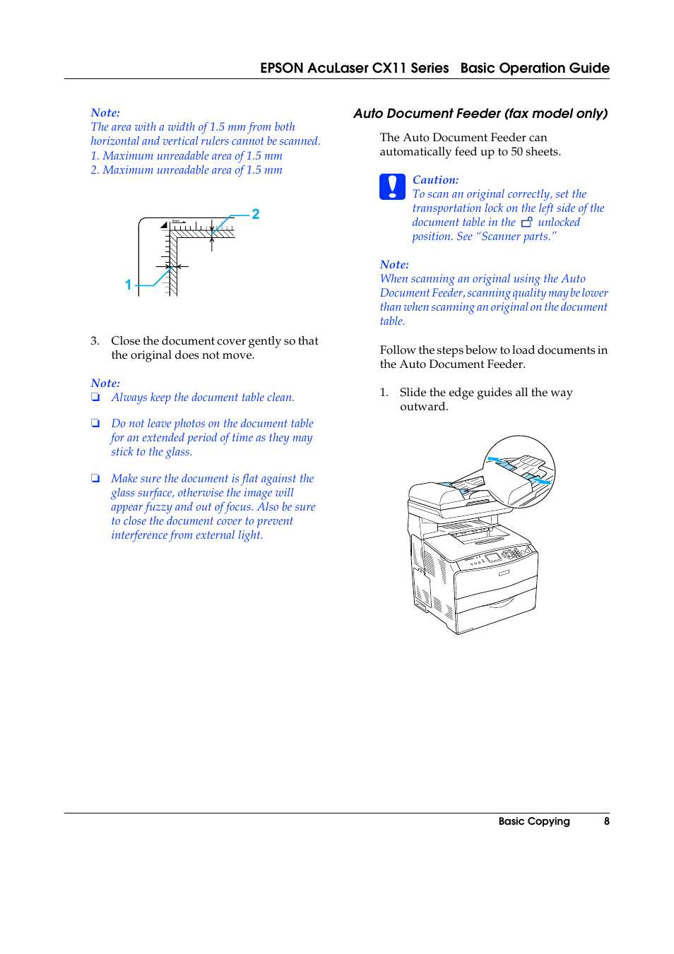 Auto document feeder (fax model only) | Epson AcuLaser CX11 User Manual | Page 8 / 26